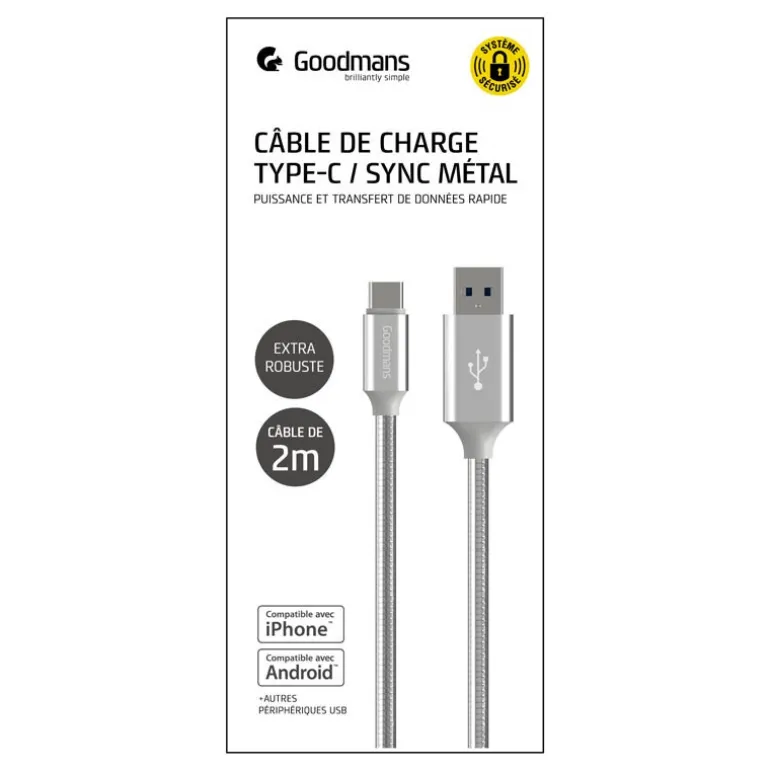 Cable usb a to type c 2 m metal