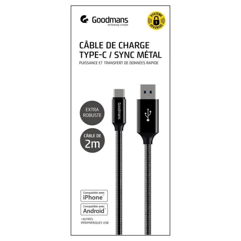 Cable usb a to type c 2 m metal