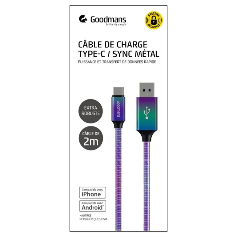 Cable usb a to type c 2 m metal